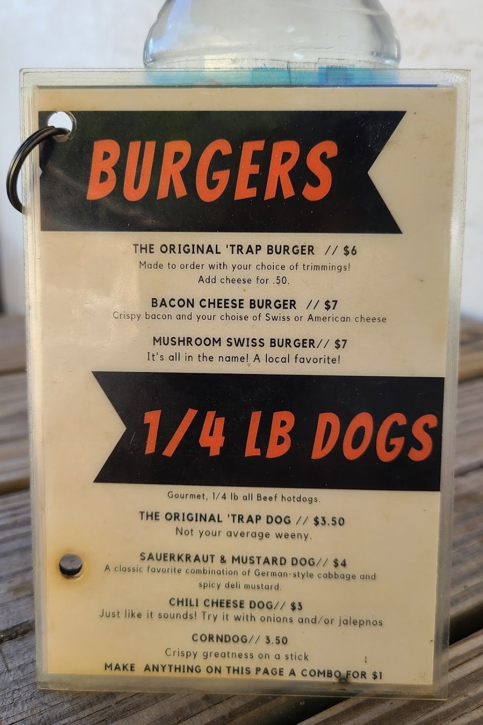 Menu page with burgers, sandwiches, and hot dogs.